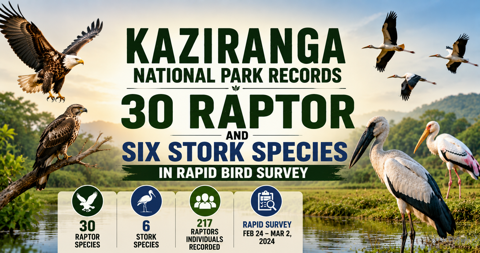 Kaziranga National Park Records 30 Raptor and Six Stork Species in Rapid Bird Survey