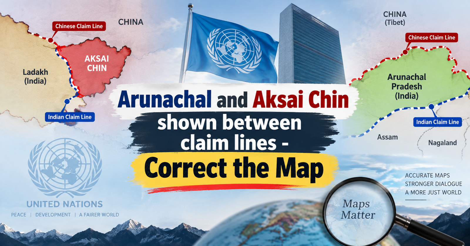 Arunachal and Aksai Chin shown between claim lines - Correct the Map